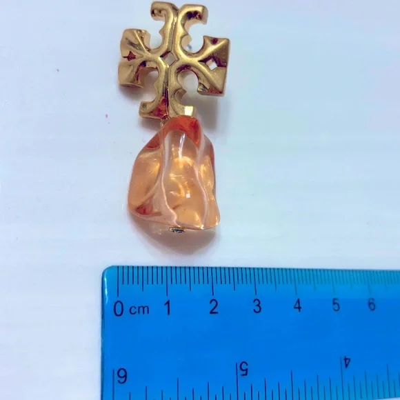 Tory Burch ROXANNE gold logo + orange ice cube drop & dangle statement earrings - Picture 10 of 12